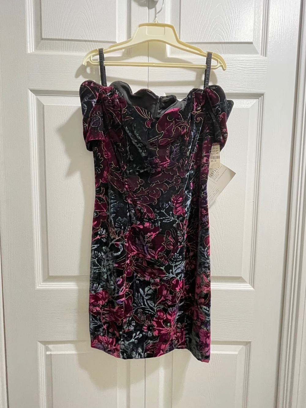 Rampage Vintage Black Velvet Off-Shoulder Floral Mini Dress with Pink Accents